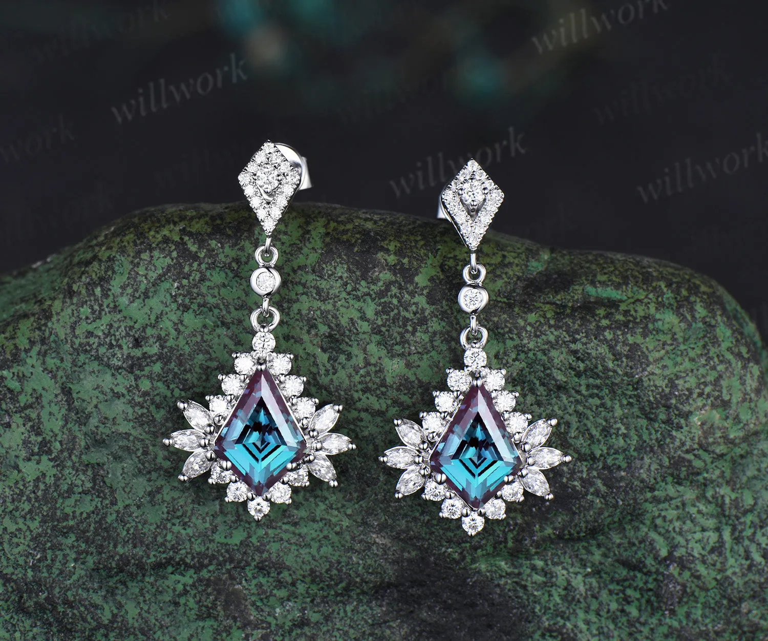 Vintage kite cut alexandrite earrings unique moissanite halo drop earrings color change gemstone earrings for women sold by Willwork Jewelry