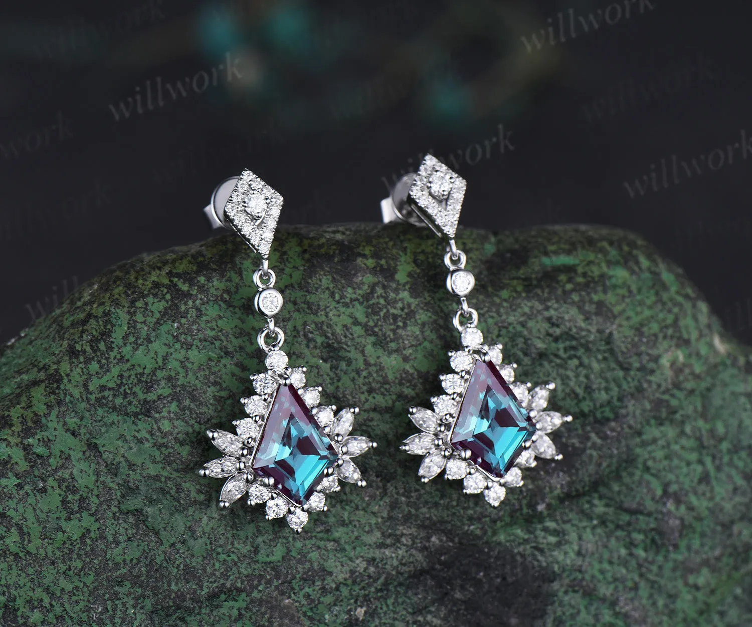 Vintage kite cut alexandrite earrings unique moissanite halo drop earrings color change gemstone earrings for women sold by Willwork Jewelry product image thumbnail 3