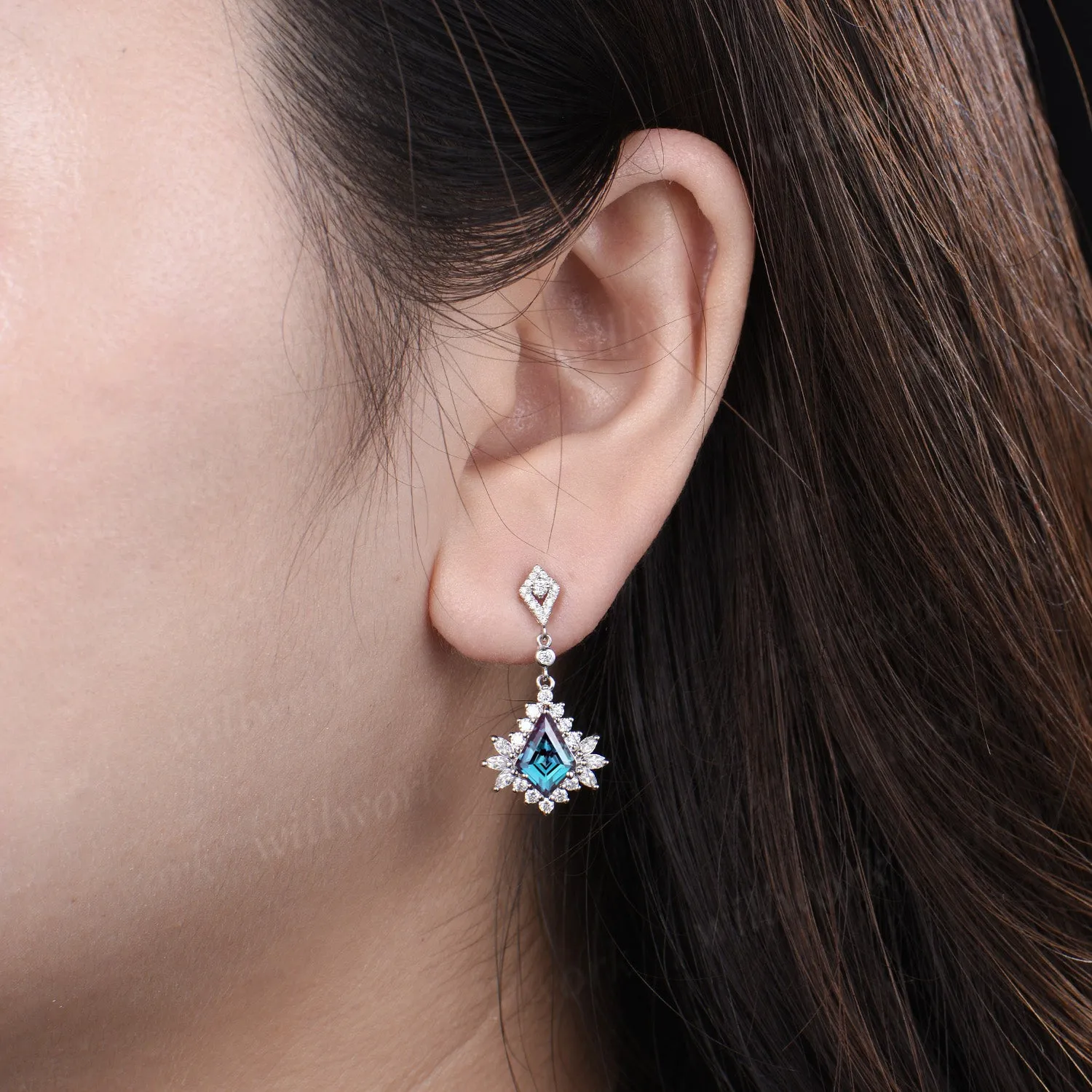 Vintage kite cut alexandrite earrings unique moissanite halo drop earrings color change gemstone earrings for women sold by Willwork Jewelry product image thumbnail 2