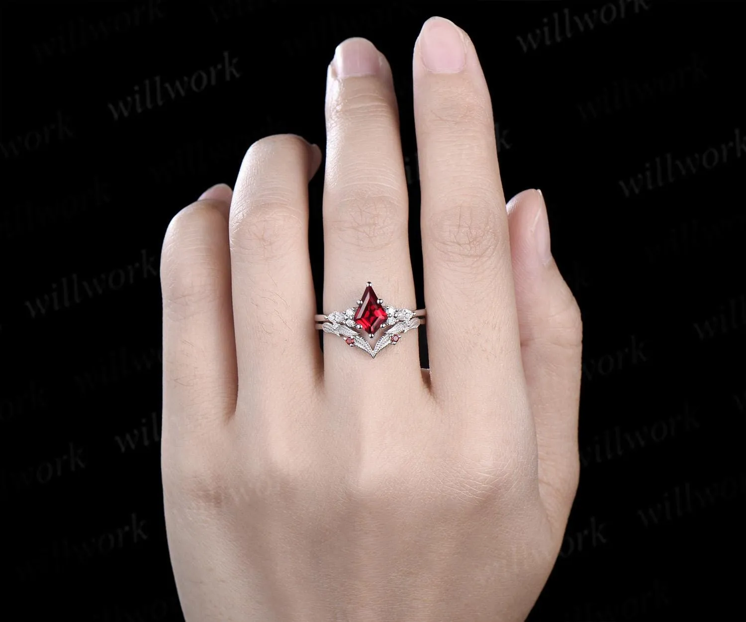 Kite cut red ruby ring vintage white gold unique leaf nature inspired engagement ring set handmade bridal set women jewelry sold by Willwork Jewelry product image thumbnail 5