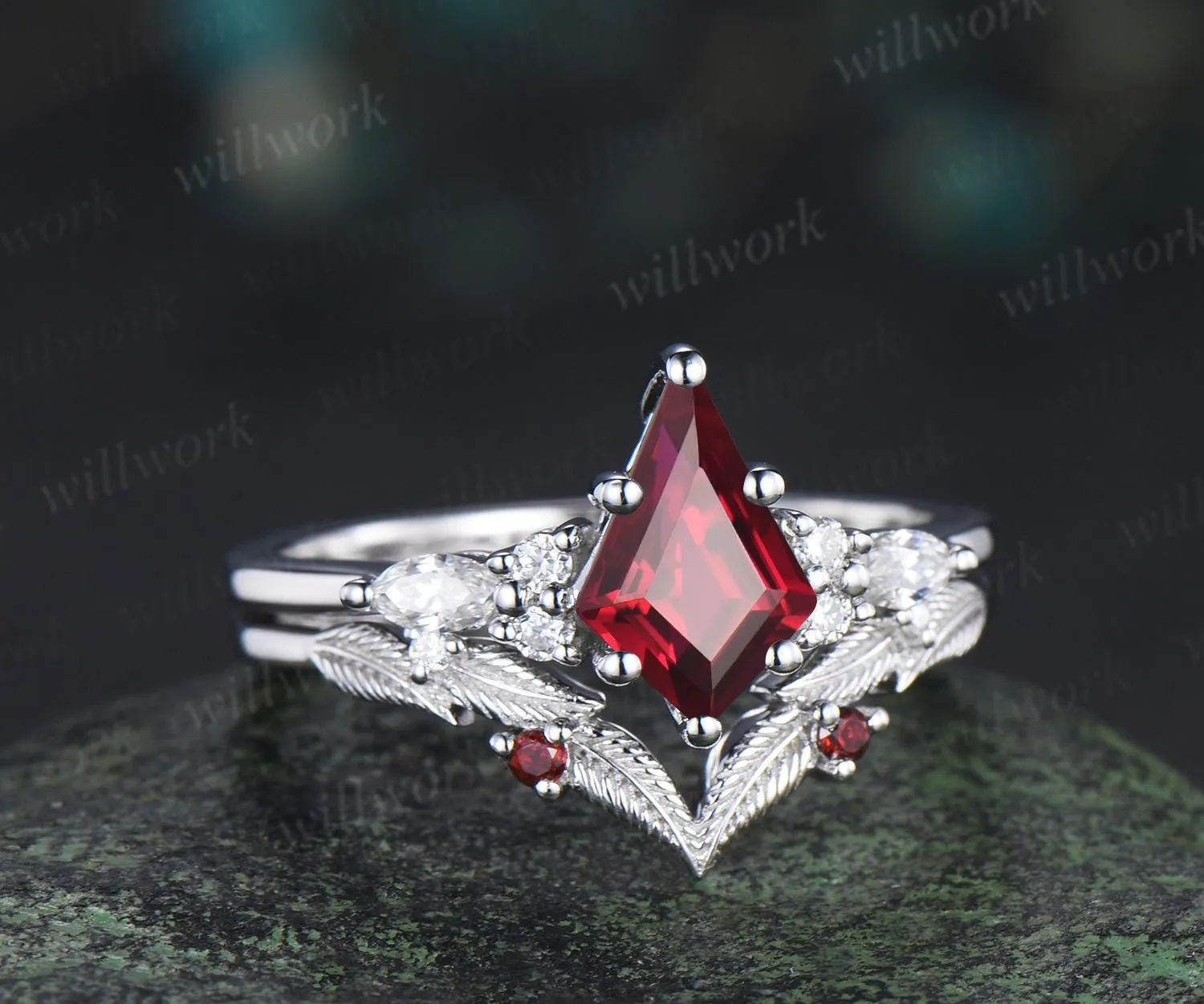 Kite cut red ruby ring vintage white gold unique leaf nature inspired engagement ring set handmade bridal set women jewelry sold by Willwork Jewelry product image thumbnail 2