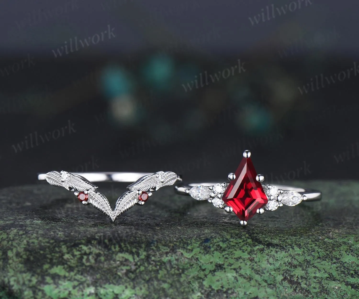Kite cut red ruby ring vintage white gold unique leaf nature inspired engagement ring set handmade bridal set women jewelry sold by Willwork Jewelry product image thumbnail 4