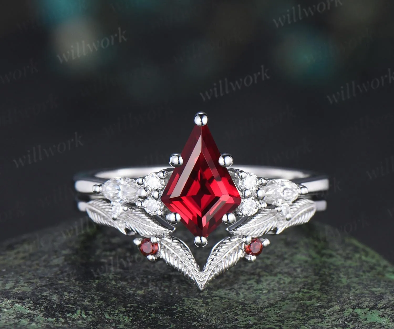 Kite cut red ruby ring vintage white gold unique leaf nature inspired engagement ring set handmade bridal set women jewelry sold by Willwork Jewelry