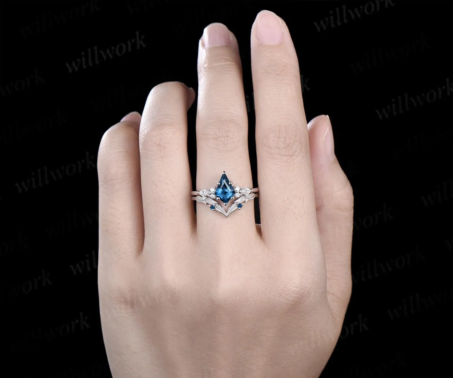 Kite cut London blue topaz engagement ring set moissanite art deco white gold ring leaf nature inspired unique wedding ring set jewelry sold by Willwork Jewelry product image thumbnail 5