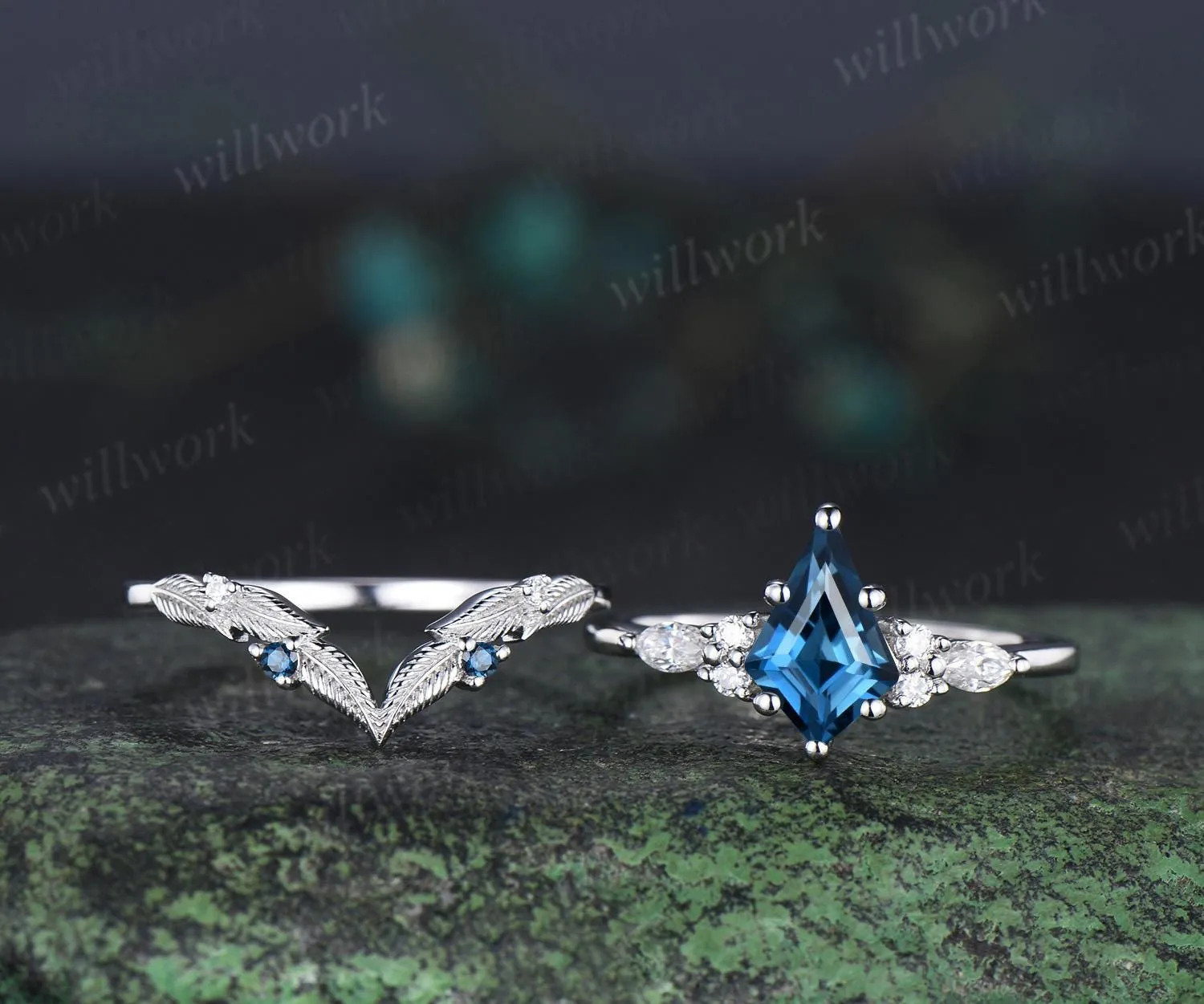 Kite cut London blue topaz engagement ring set moissanite art deco white gold ring leaf nature inspired unique wedding ring set jewelry sold by Willwork Jewelry product image thumbnail 2