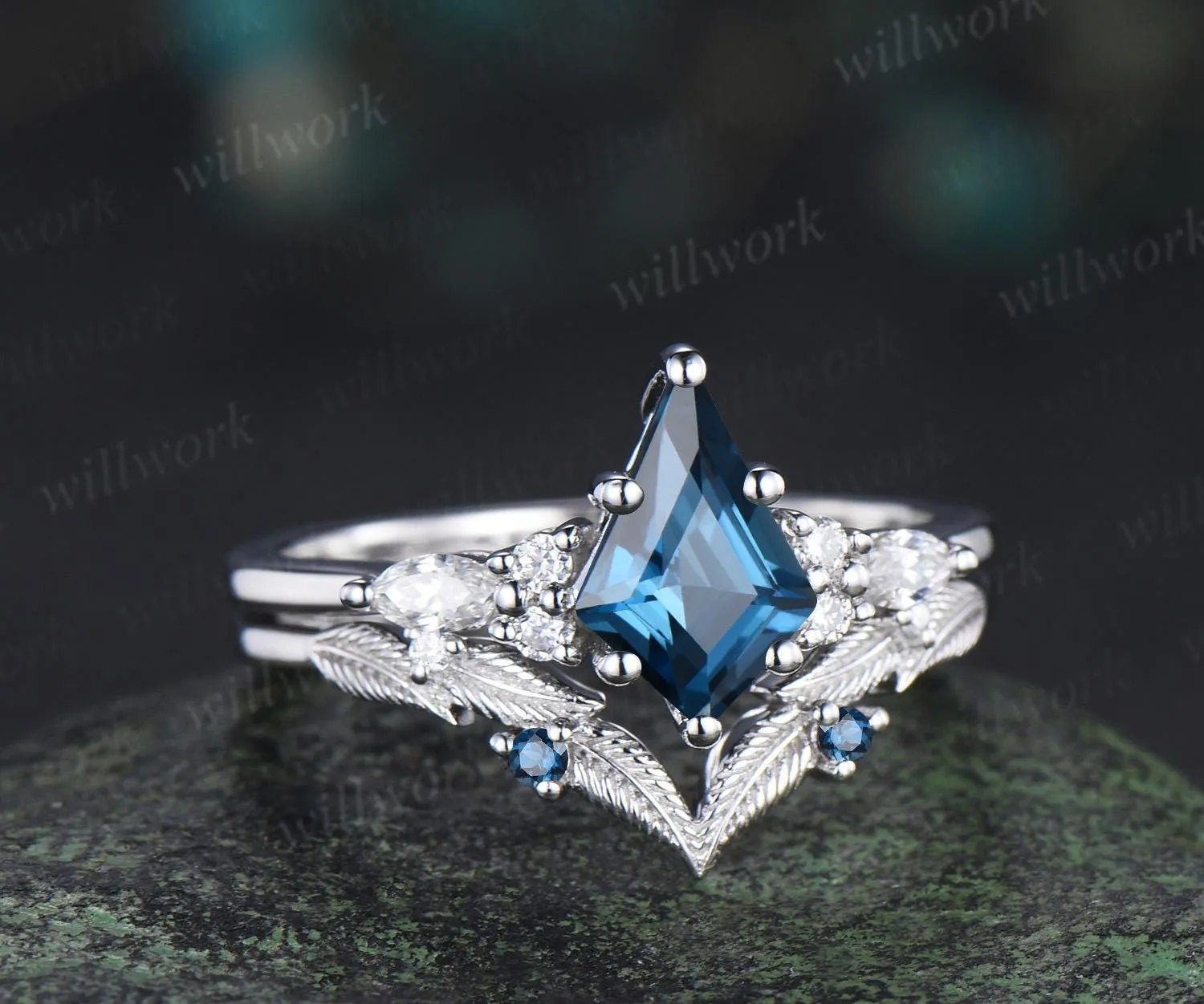 Kite cut London blue topaz engagement ring set moissanite art deco white gold ring leaf nature inspired unique wedding ring set jewelry sold by Willwork Jewelry product image thumbnail 4