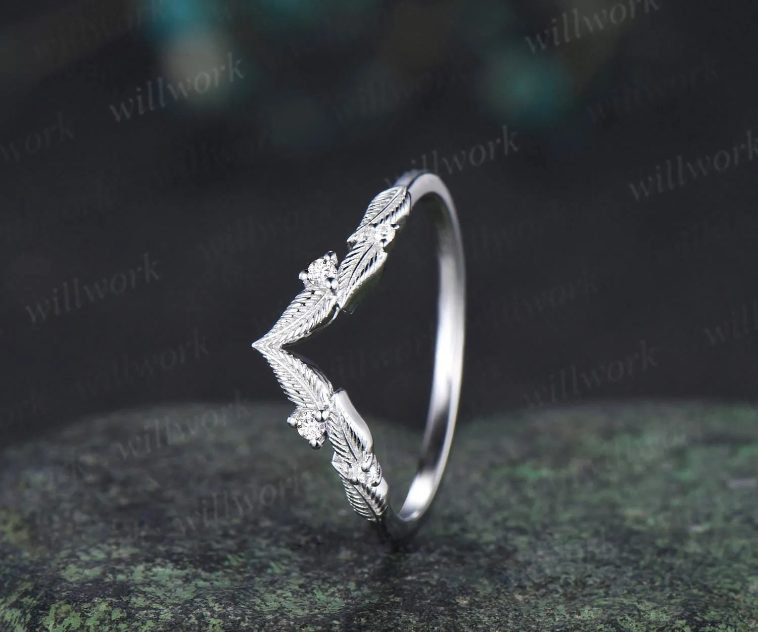 Curved V shaped diamond leaf wedding band white gold nature inspired stacking bridal ring women sold by Willwork Jewelry product image thumbnail 4