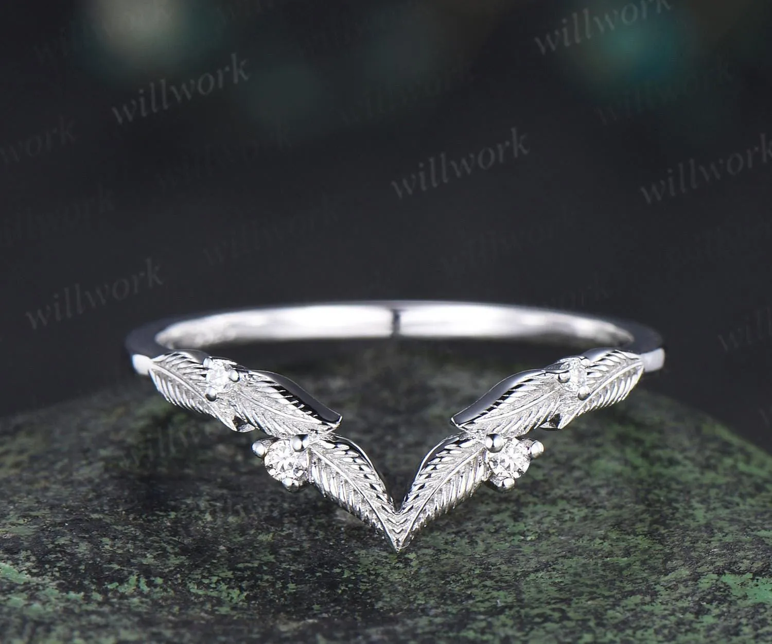 Curved V shaped diamond leaf wedding band white gold nature inspired stacking bridal ring women sold by Willwork Jewelry