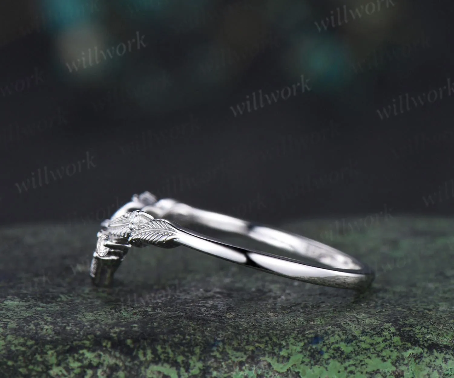 Curved V shaped diamond leaf wedding band white gold nature inspired stacking bridal ring women sold by Willwork Jewelry product image thumbnail 5