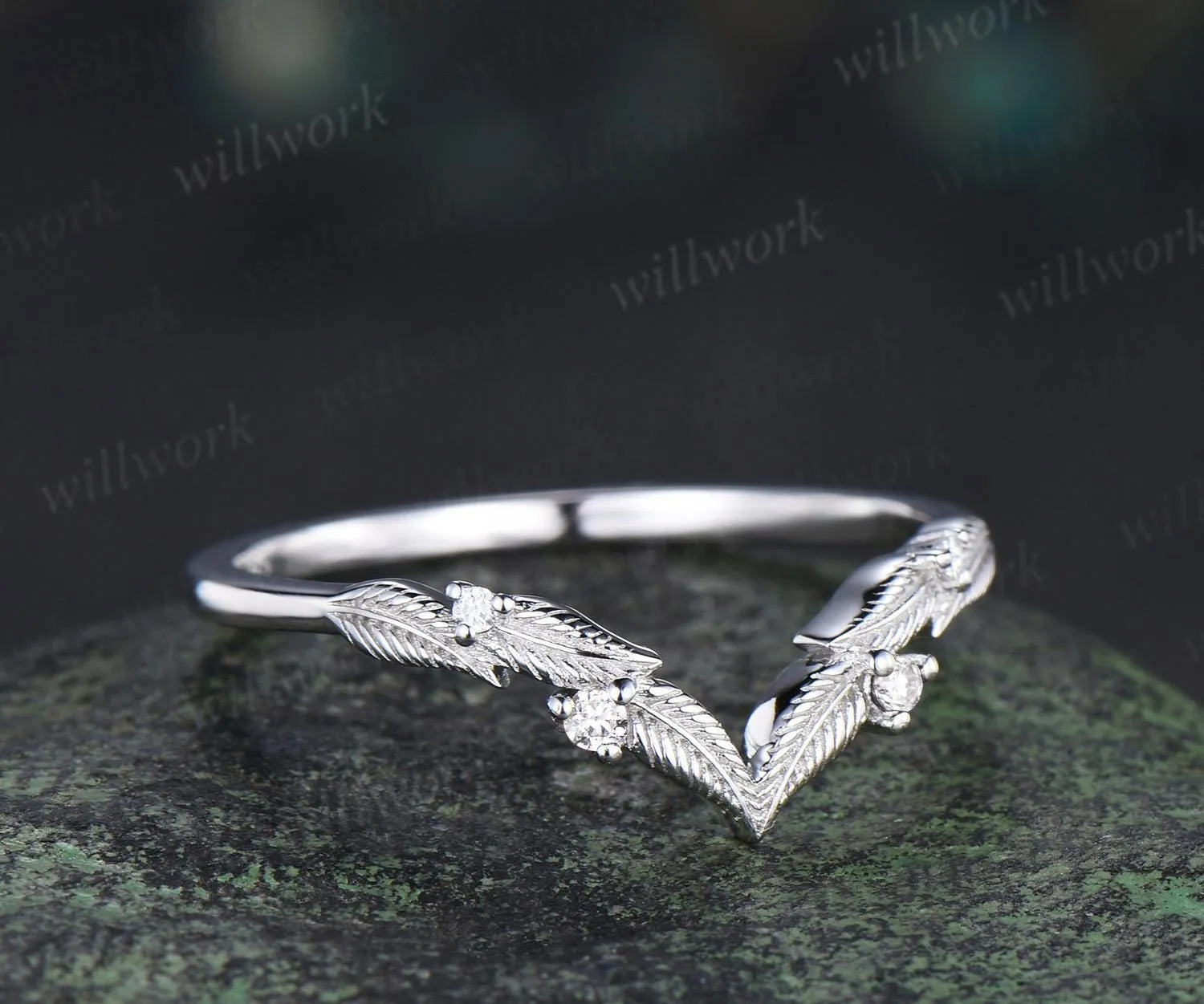 Curved V shaped diamond leaf wedding band white gold nature inspired stacking bridal ring women sold by Willwork Jewelry product image thumbnail 2