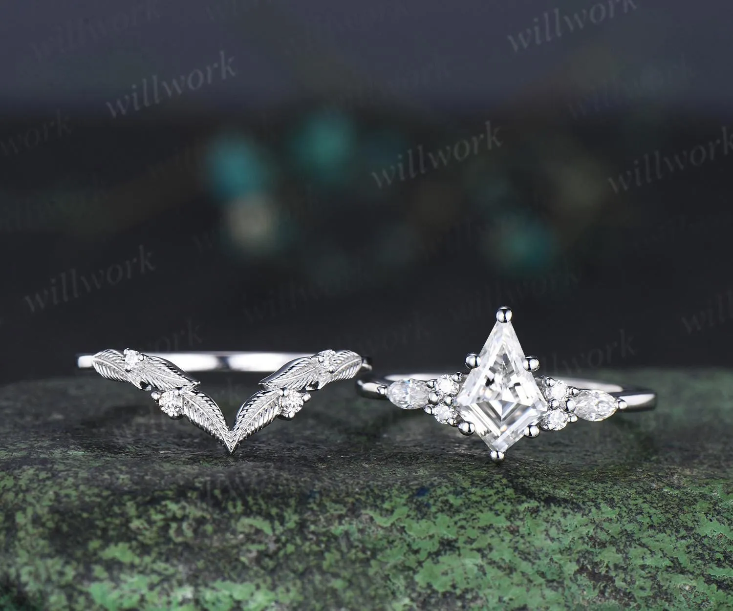 Kite cut moissanite ring vintage white gold unique leaf nature inspired engagement ring set handmade bridal set women jewelry sold by Willwork Jewelry product image thumbnail 2