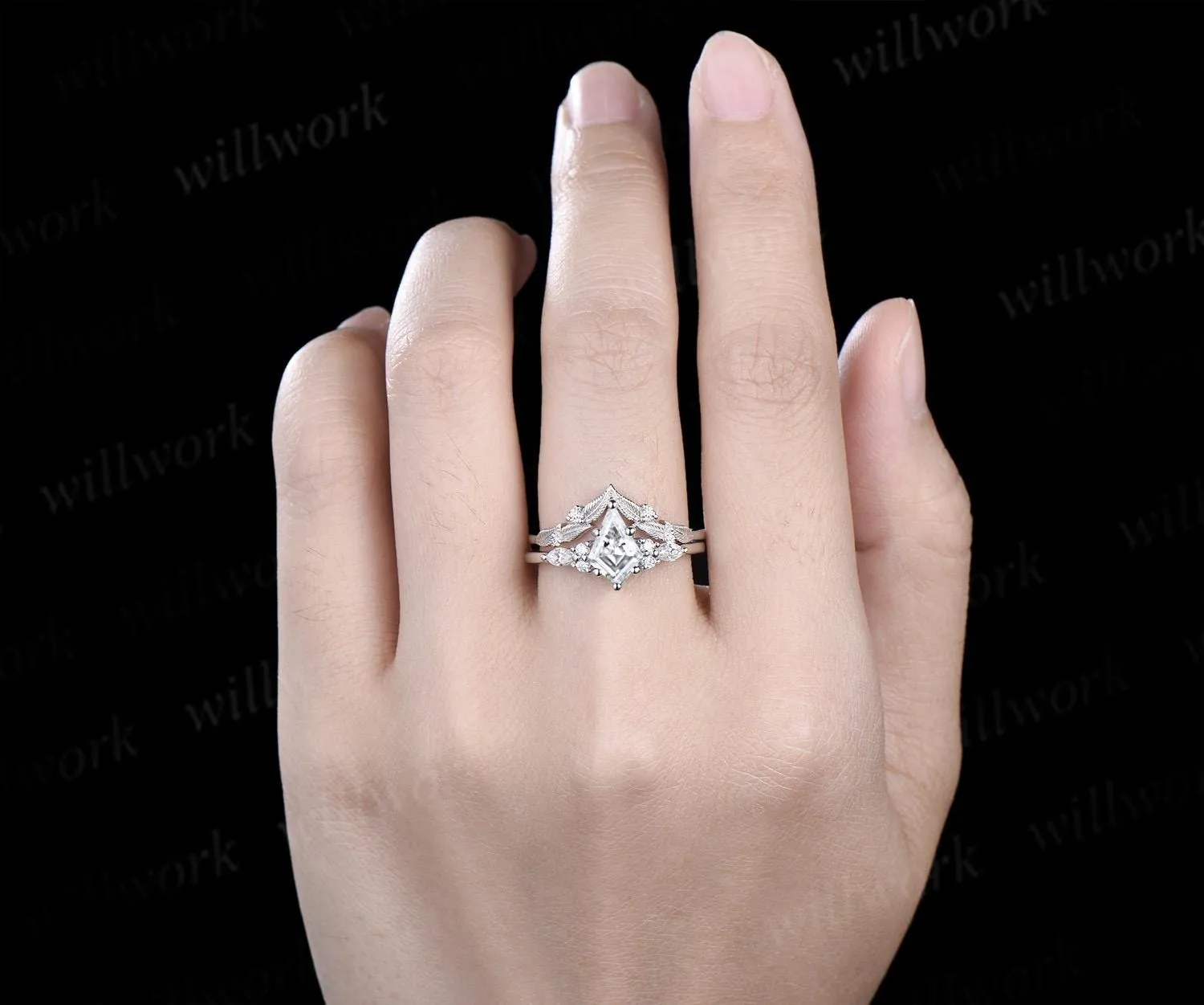 Kite cut moissanite ring vintage white gold unique leaf nature inspired engagement ring set handmade bridal set women jewelry sold by Willwork Jewelry product image thumbnail 3