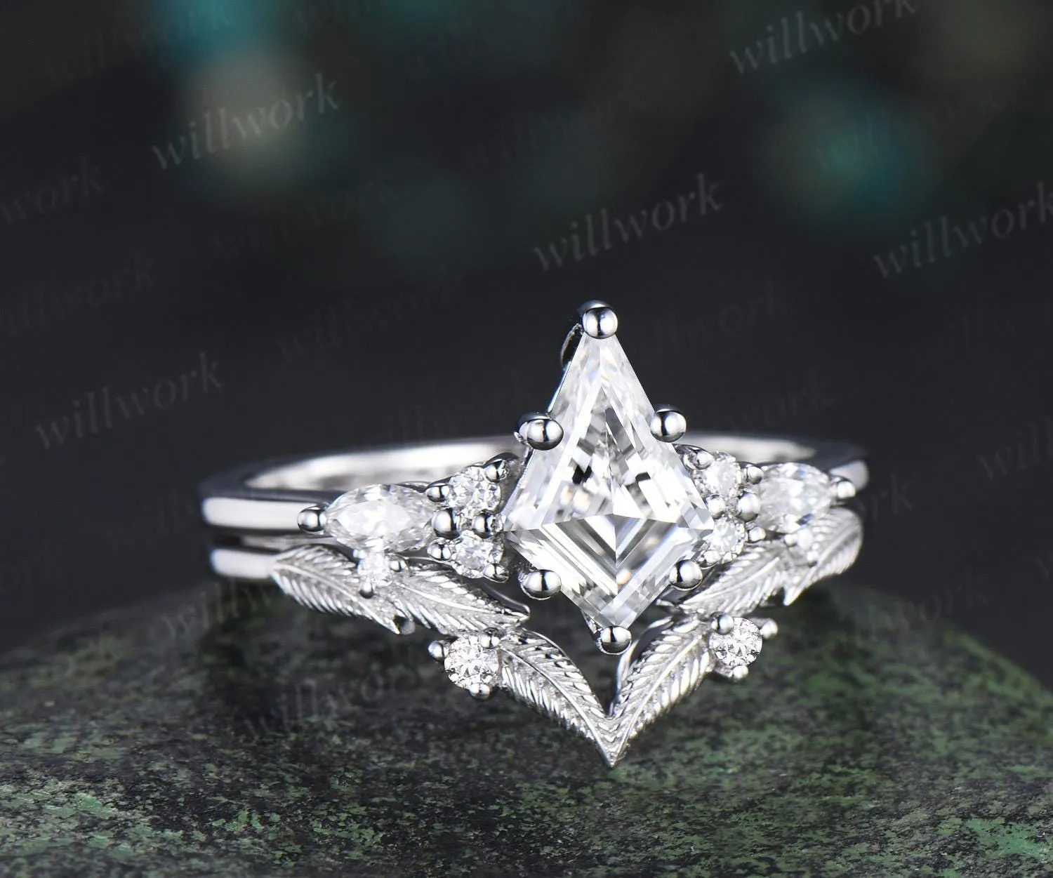 Kite cut moissanite ring vintage white gold unique leaf nature inspired engagement ring set handmade bridal set women jewelry sold by Willwork Jewelry product image thumbnail 4