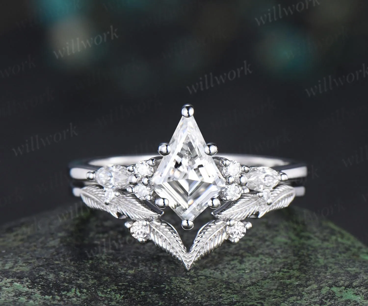 Kite cut moissanite ring vintage white gold unique leaf nature inspired engagement ring set handmade bridal set women jewelry sold by Willwork Jewelry