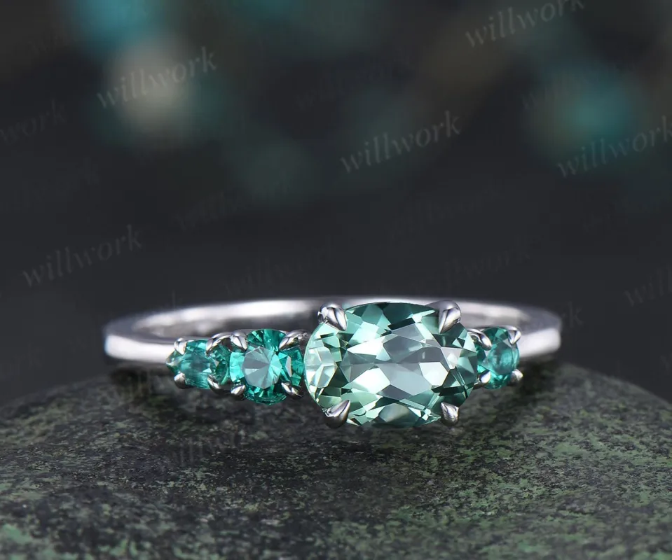 1ct green sapphire emerald engagement ring oval cut 14k white gold east to west unique promise wedding ring women four stone ring silver sold by Willwork Jewelry