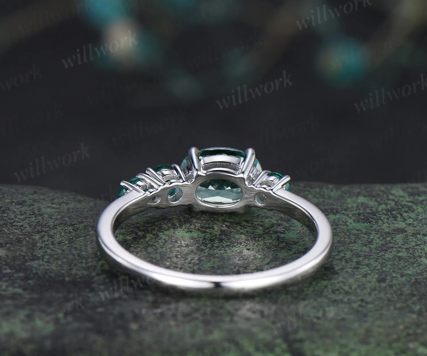 1ct green sapphire emerald engagement ring oval cut 14k white gold east to west unique promise wedding ring women four stone ring silver sold by Willwork Jewelry product image thumbnail 5