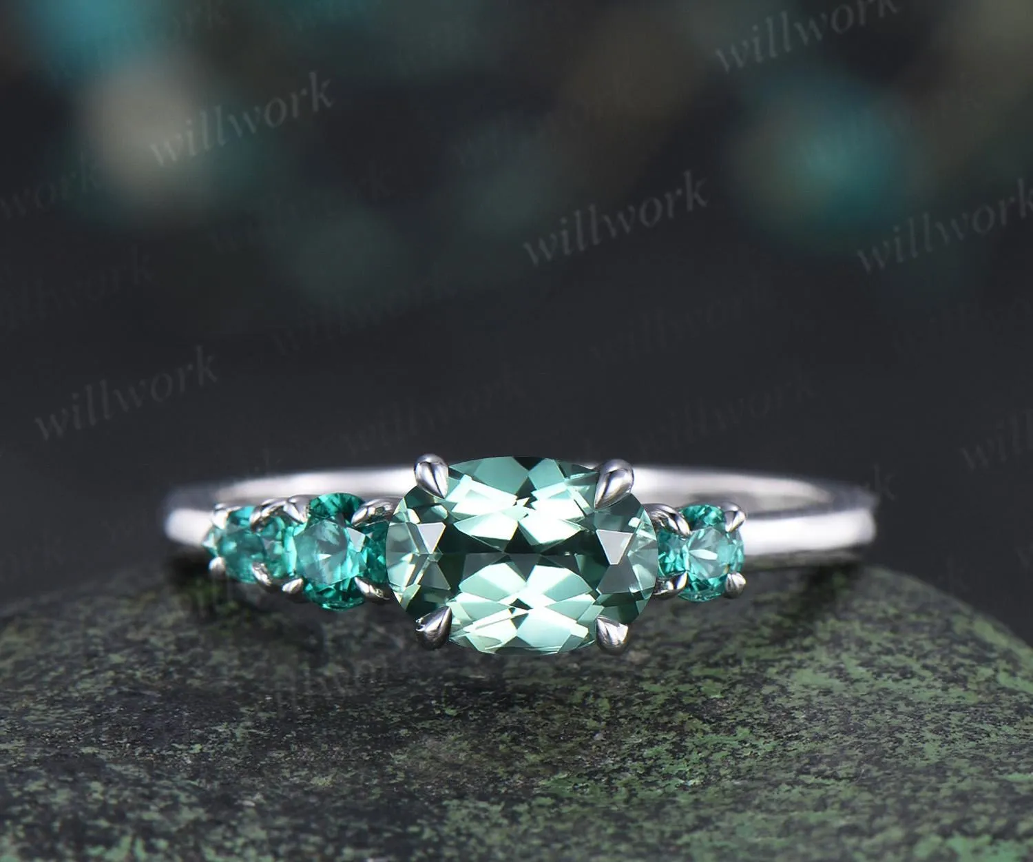 1ct green sapphire emerald engagement ring oval cut 14k white gold east to west unique promise wedding ring women four stone ring silver sold by Willwork Jewelry product image thumbnail 2