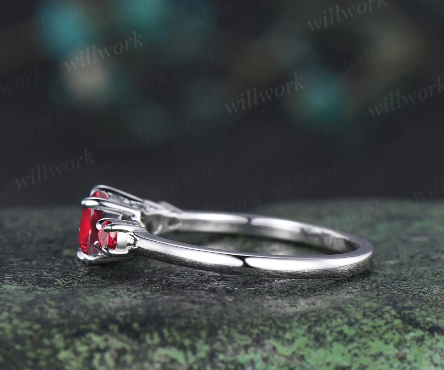 1ct oval cut red ruby engagement ring solid 14k white gold east to west unique promise wedding ring women four stone ring silver sold by Willwork Jewelry product image thumbnail 4