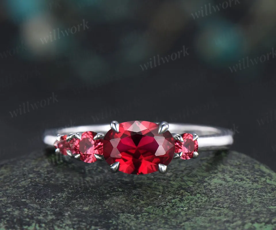 1ct oval cut red ruby engagement ring solid 14k white gold east to west unique promise wedding ring women four stone ring silver sold by Willwork Jewelry