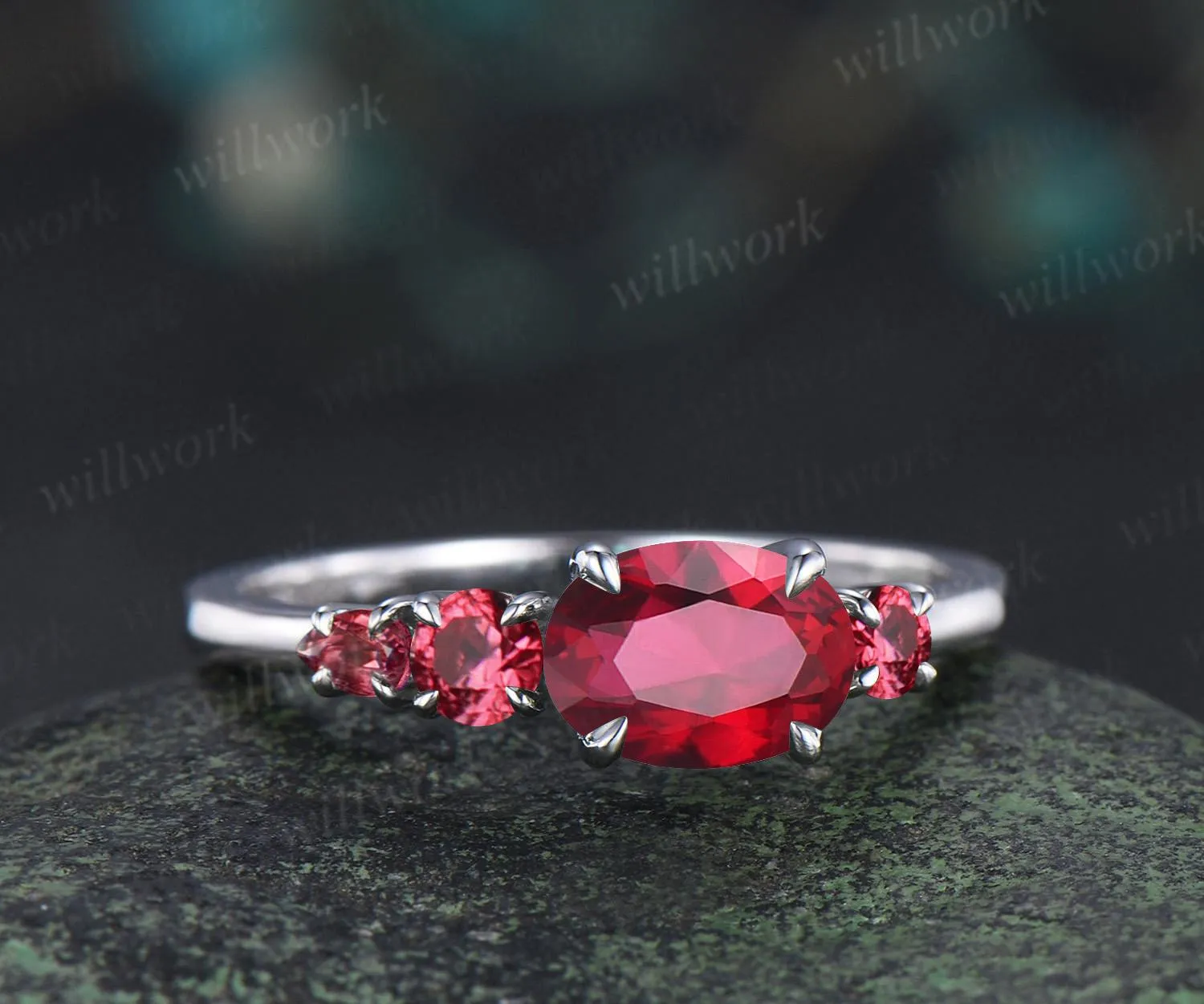 1ct oval cut red ruby engagement ring solid 14k white gold east to west unique promise wedding ring women four stone ring silver sold by Willwork Jewelry product image thumbnail 2