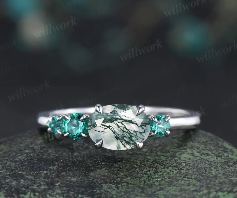1ct moss agate emerald engagement ring oval cut solid 14k white gold east to west unique promise wedding ring women four stone ring silver sold by Willwork Jewelry