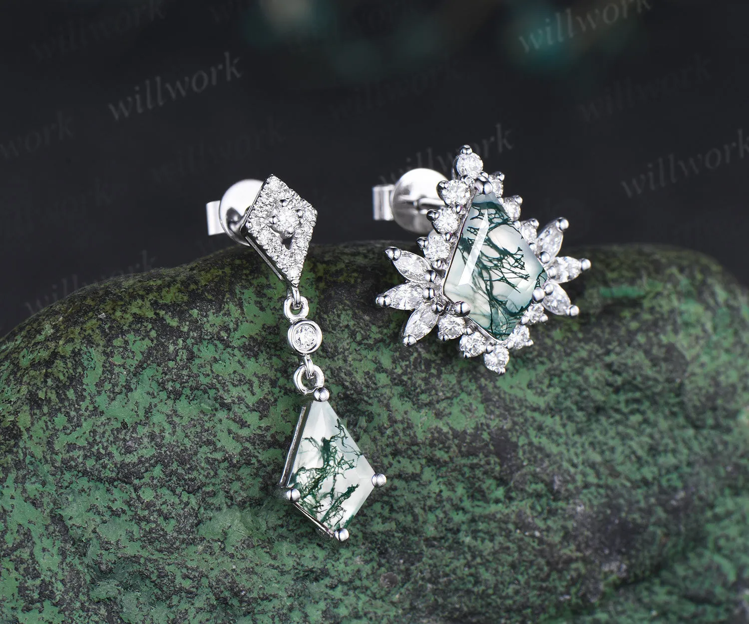 Asymmetrical kite cut moss agate earrings unique drop & halo studs solid white gold green jewelry for women sold by Willwork Jewelry