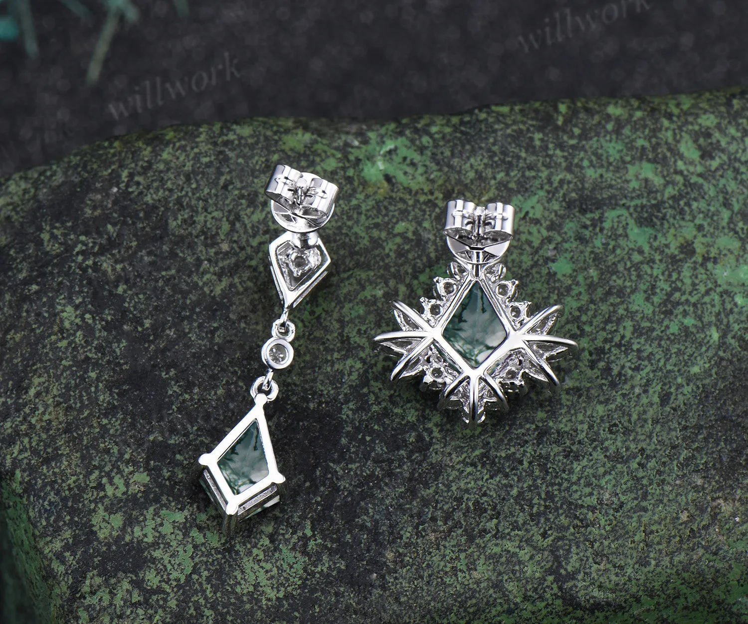 Asymmetrical kite cut moss agate earrings unique drop & halo studs solid white gold green jewelry for women sold by Willwork Jewelry product image thumbnail 5