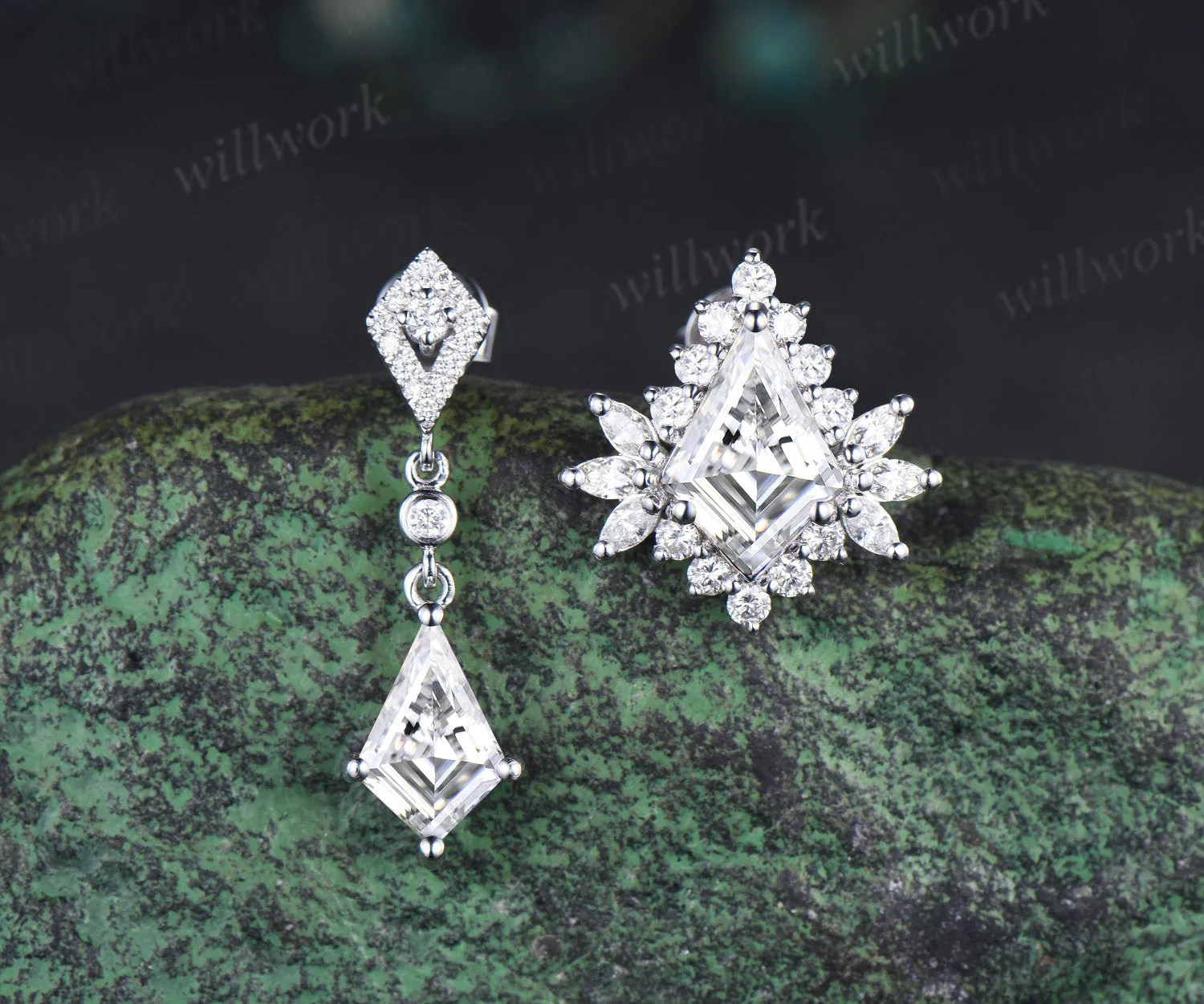 Asymmetry kite cut moissanite drop earrings unique moissanite halo stud earring 14k white gold piercing jewelry for women sold by Willwork Jewelry product image thumbnail 3