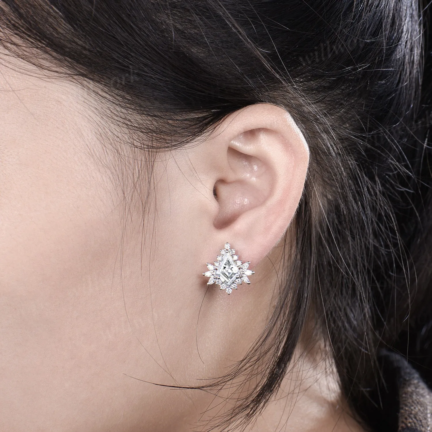 Asymmetry kite cut moissanite drop earrings unique moissanite halo stud earring 14k white gold piercing jewelry for women sold by Willwork Jewelry product image thumbnail 2