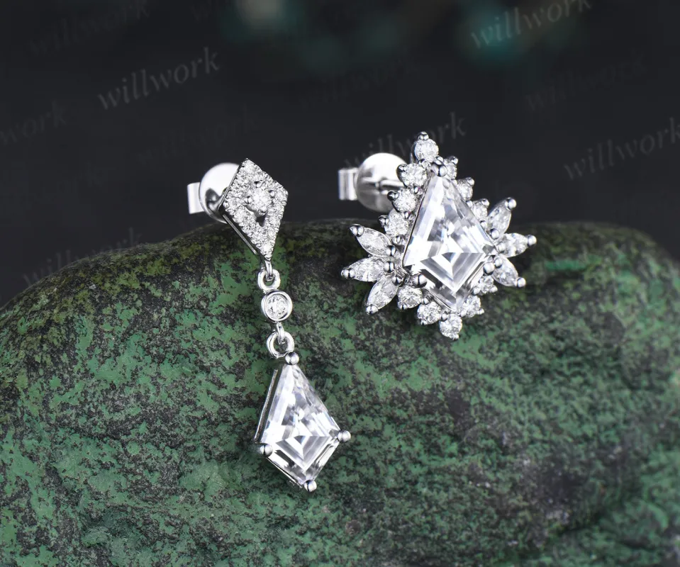 Asymmetry kite cut moissanite drop earrings unique moissanite halo stud earring 14k white gold piercing jewelry for women sold by Willwork Jewelry