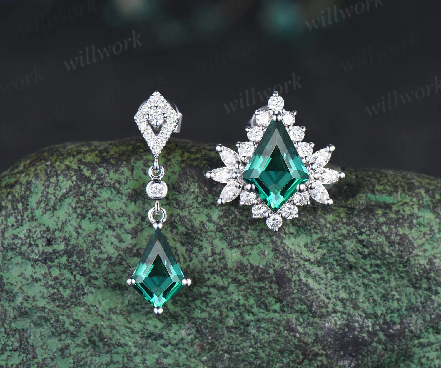 Kite cut emerald drop earrings unique moissanite halo stud white gold green gemstone jewelry for women sold by Willwork Jewelry product image thumbnail 4
