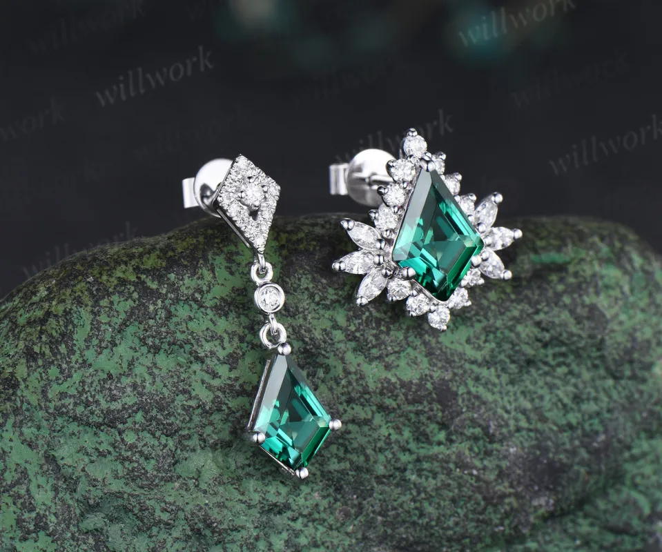 Kite cut emerald drop earrings unique moissanite halo stud white gold green gemstone jewelry for women sold by Willwork Jewelry