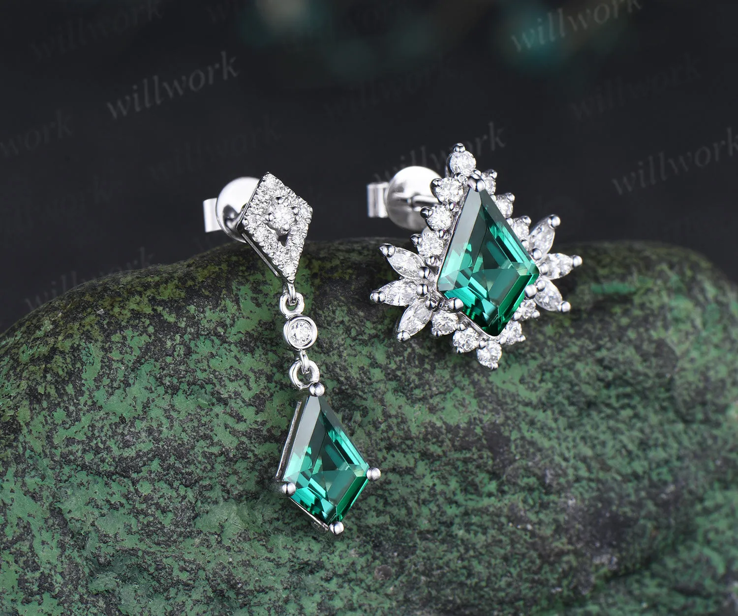 Kite cut emerald drop earrings unique moissanite halo stud white gold green gemstone jewelry for women sold by Willwork Jewelry