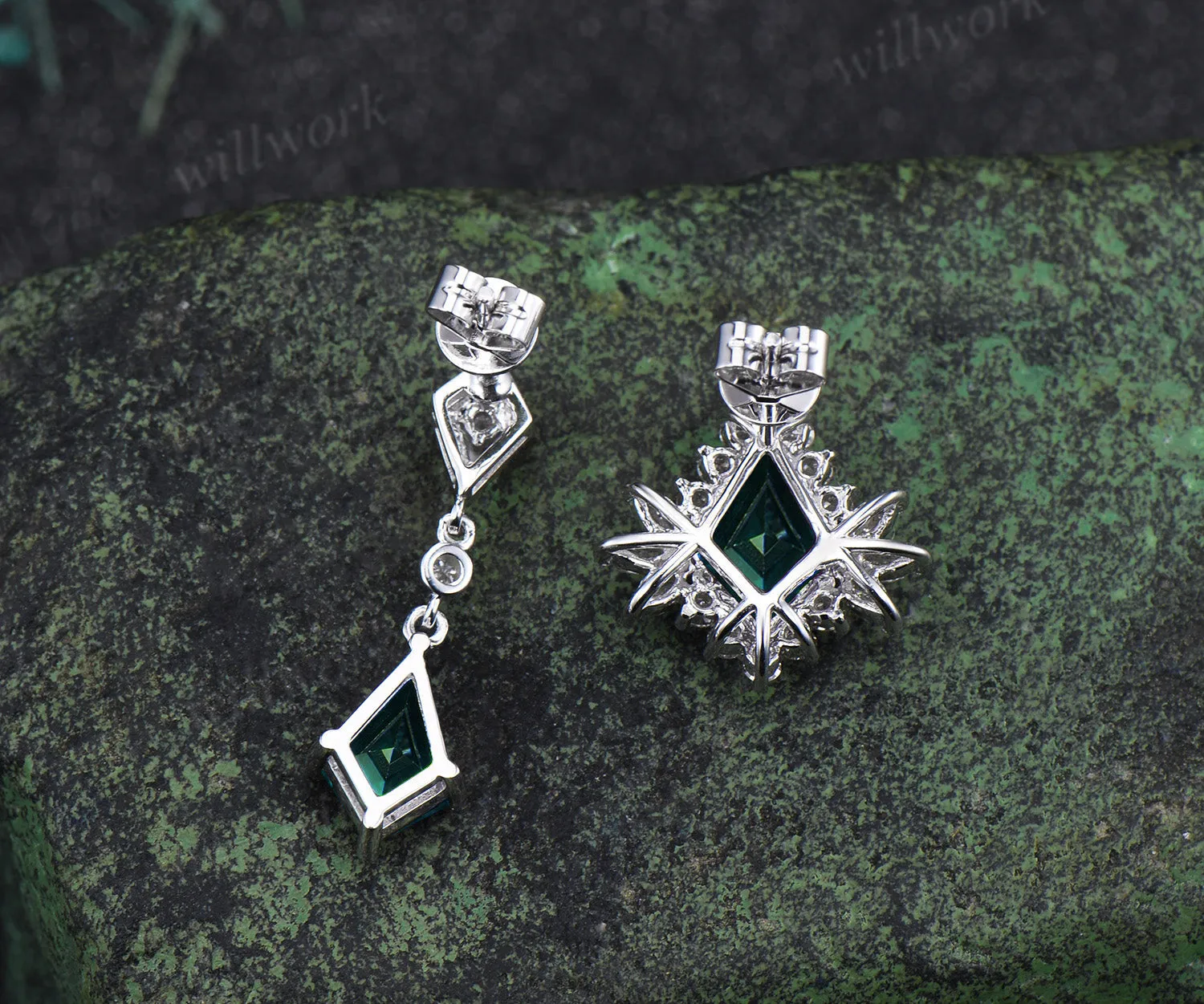 Kite cut emerald drop earrings unique moissanite halo stud white gold green gemstone jewelry for women sold by Willwork Jewelry product image thumbnail 5