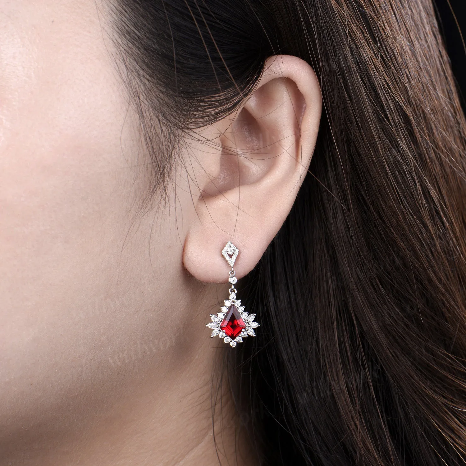 Kite cut ruby drop earrings with moissanite halo solid white gold unique earrings July birthstone wedding gifts sold by Willwork Jewelry product image thumbnail 2