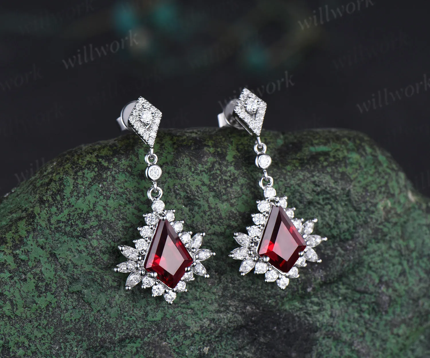 Kite cut ruby drop earrings with moissanite halo solid white gold unique earrings July birthstone wedding gifts sold by Willwork Jewelry product image thumbnail 3