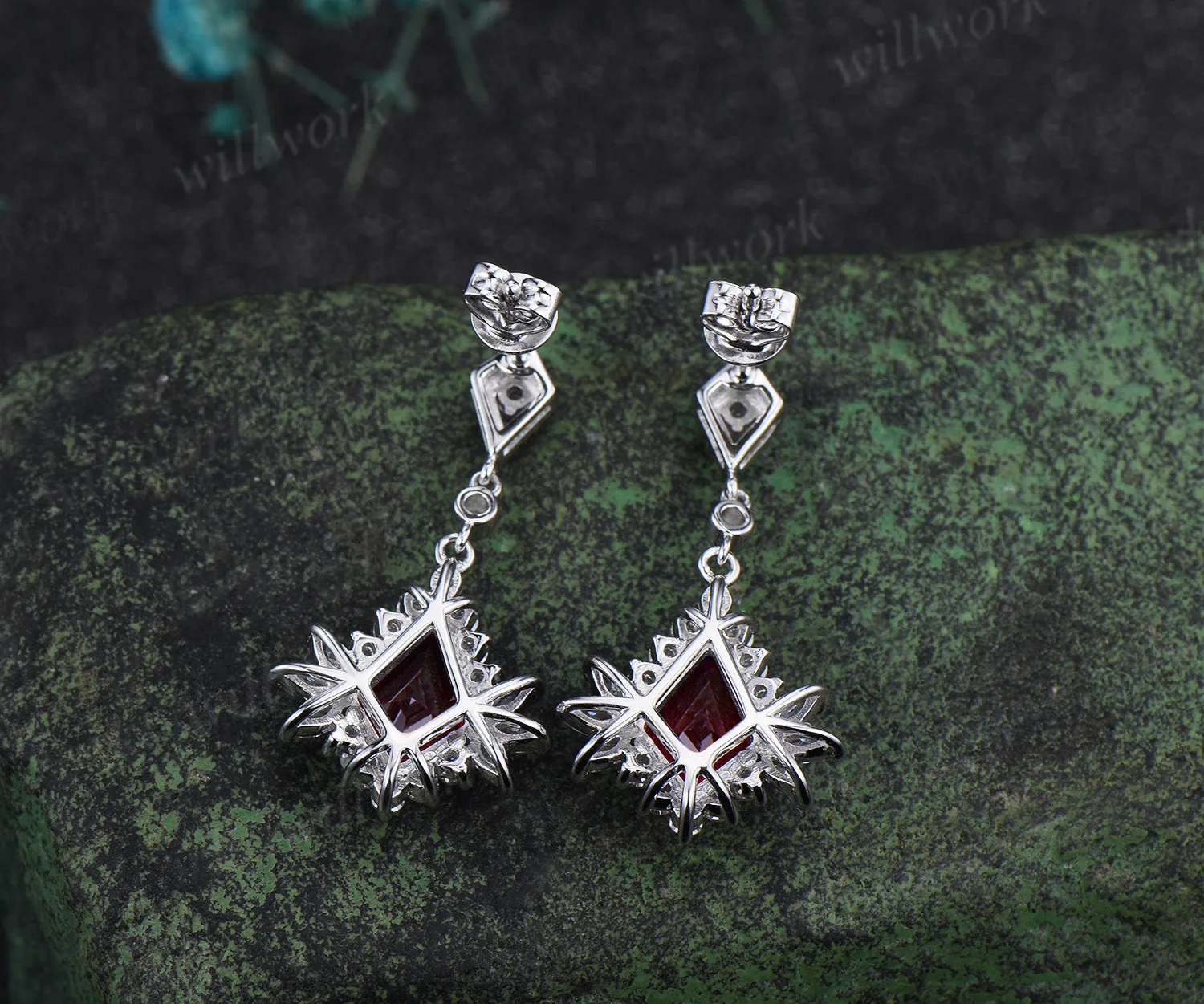 Kite cut ruby drop earrings with moissanite halo solid white gold unique earrings July birthstone wedding gifts sold by Willwork Jewelry product image thumbnail 4