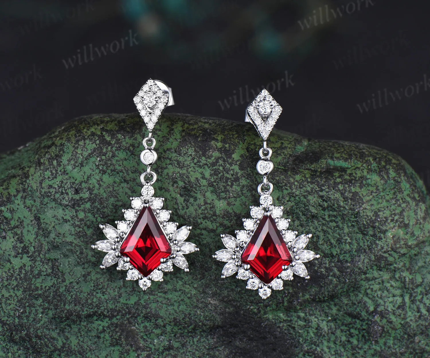Kite cut ruby drop earrings with moissanite halo solid white gold unique earrings July birthstone wedding gifts sold by Willwork Jewelry