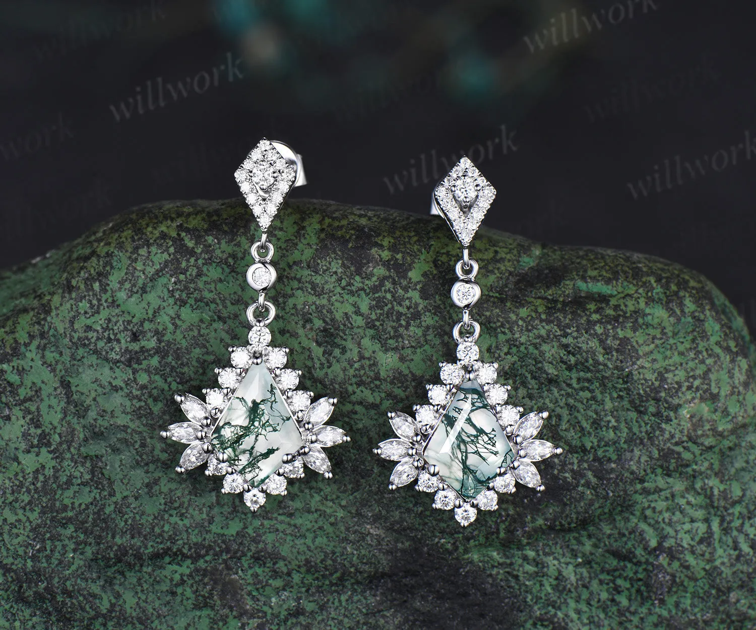 Enchanting kite cut moss agate earrings kite moissanite halo solid white gold earrings for women piercing jewelrys gifs for her sold by Willwork Jewelry