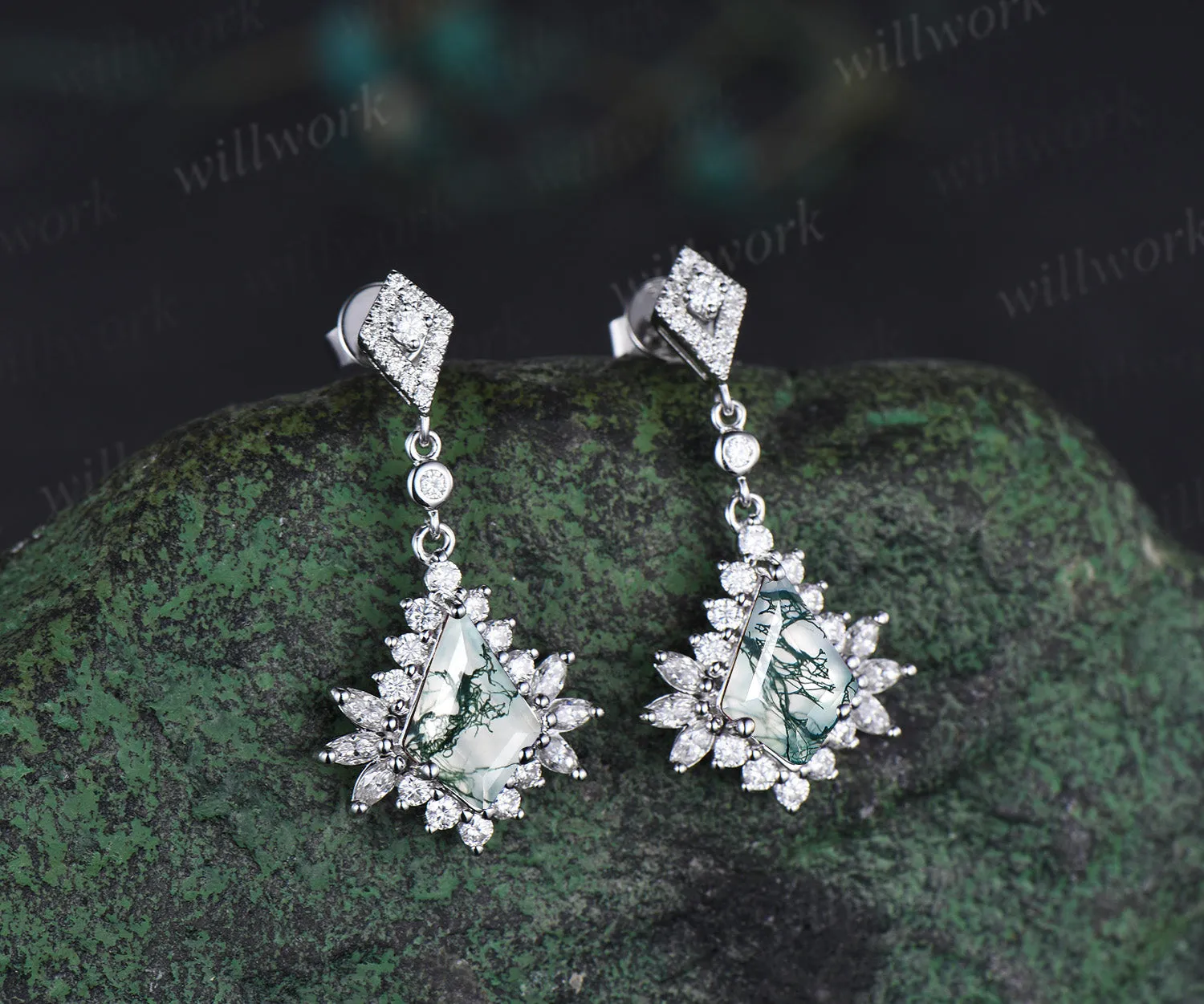 Enchanting kite cut moss agate earrings kite moissanite halo solid white gold earrings for women piercing jewelrys gifs for her sold by Willwork Jewelry product image thumbnail 3