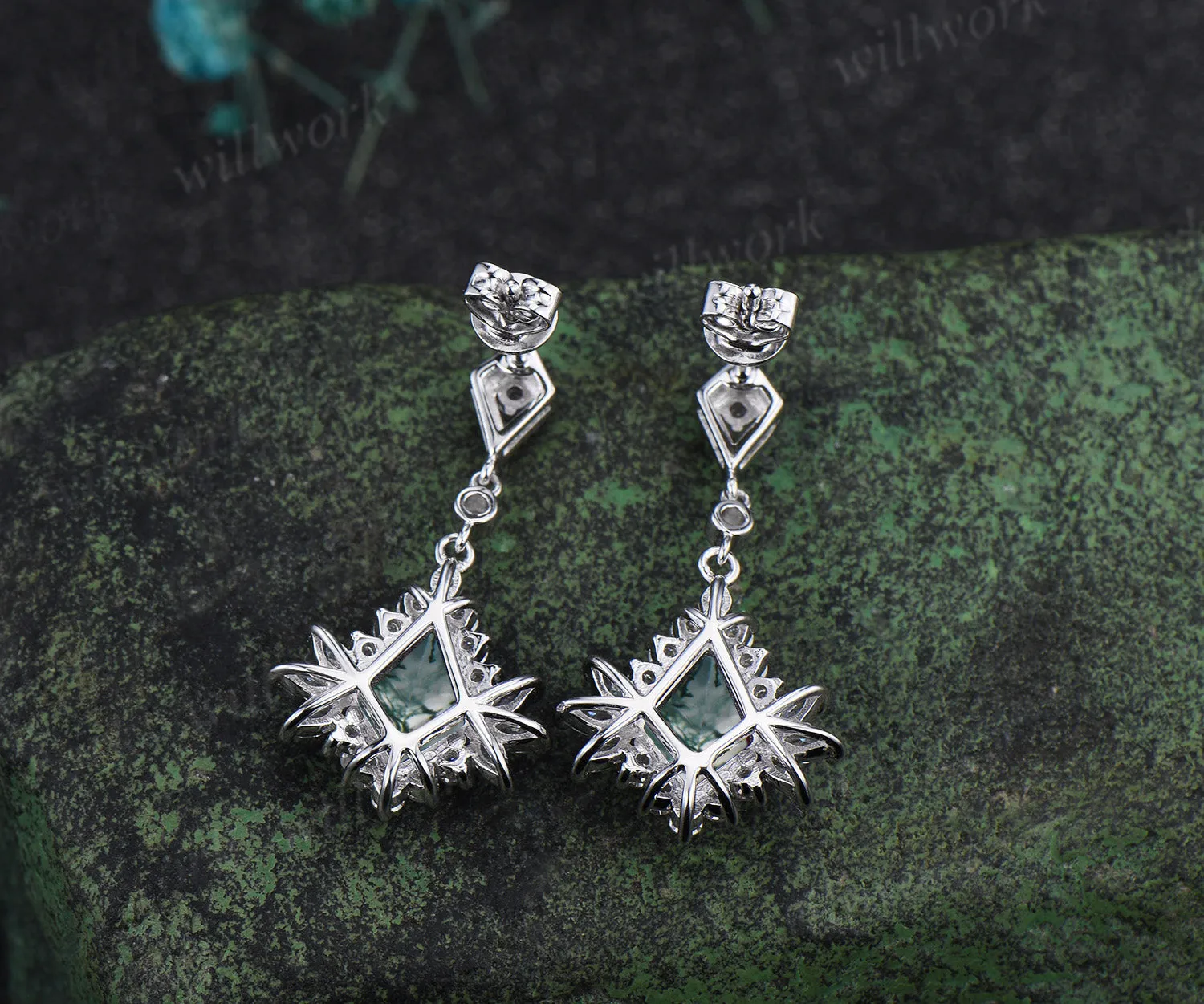 Enchanting kite cut moss agate earrings kite moissanite halo solid white gold earrings for women piercing jewelrys gifs for her sold by Willwork Jewelry product image thumbnail 4