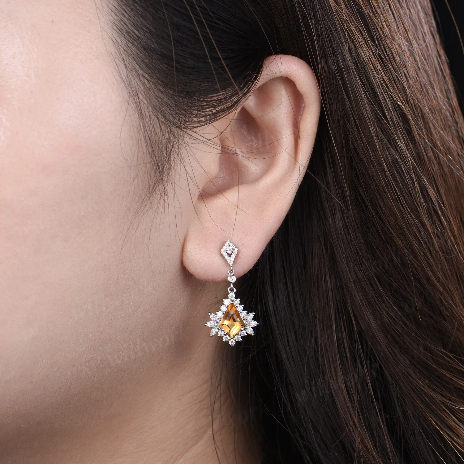 Kite citrine drop earrings marquise moissanite halo earrings vintage dangle piercing earrings wedding anniversary gifts sold by Willwork Jewelry product image thumbnail 3