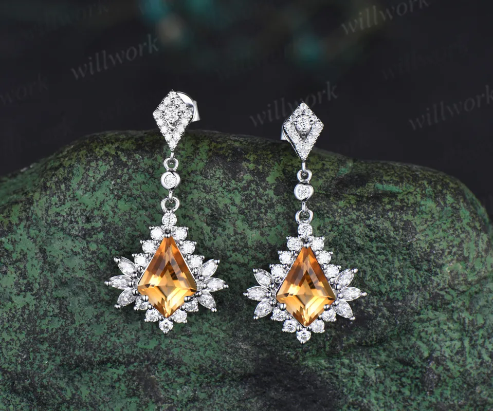 Kite citrine drop earrings marquise moissanite halo earrings vintage dangle piercing earrings wedding anniversary gifts sold by Willwork Jewelry