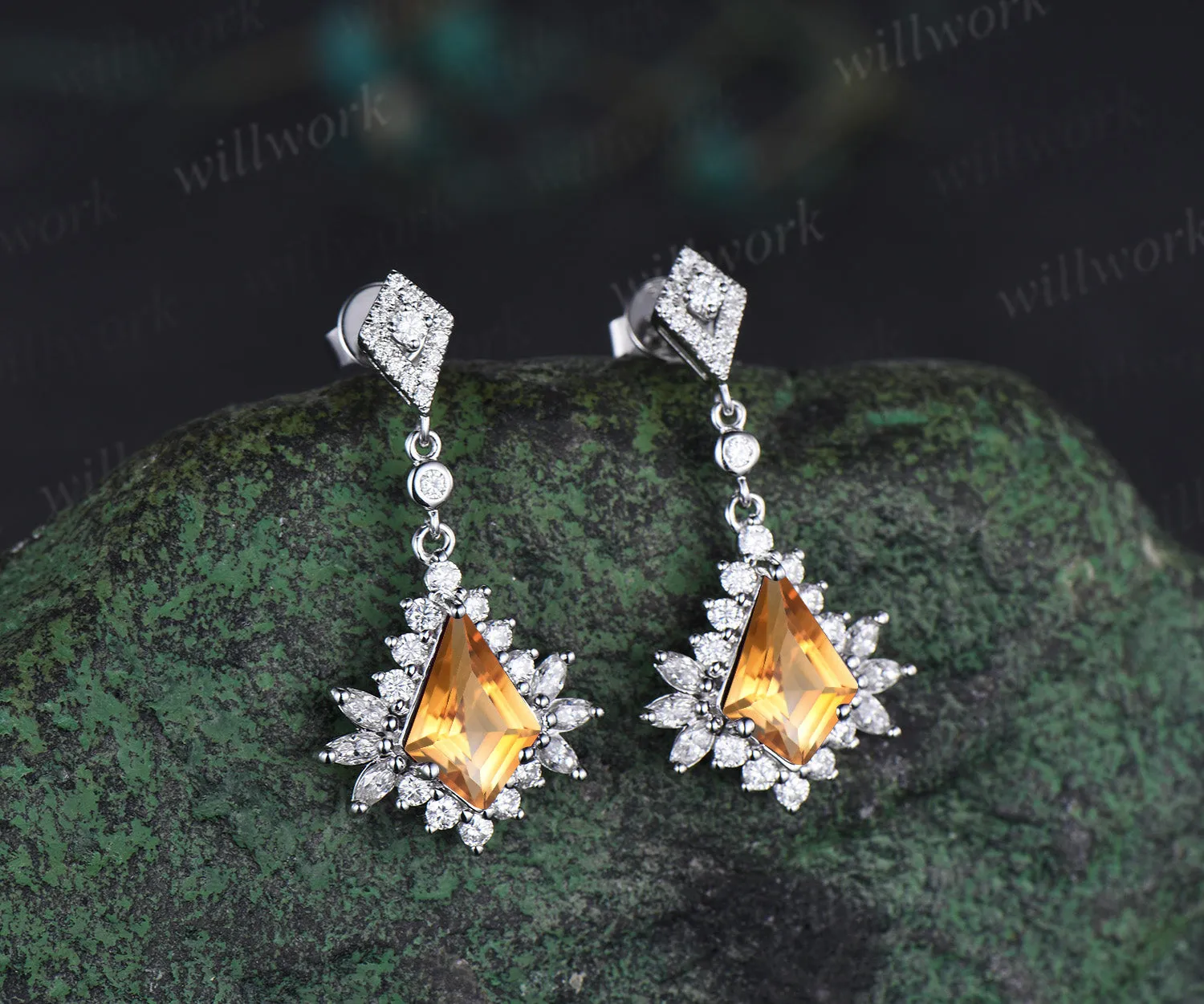 Kite citrine drop earrings marquise moissanite halo earrings vintage dangle piercing earrings wedding anniversary gifts sold by Willwork Jewelry product image thumbnail 2