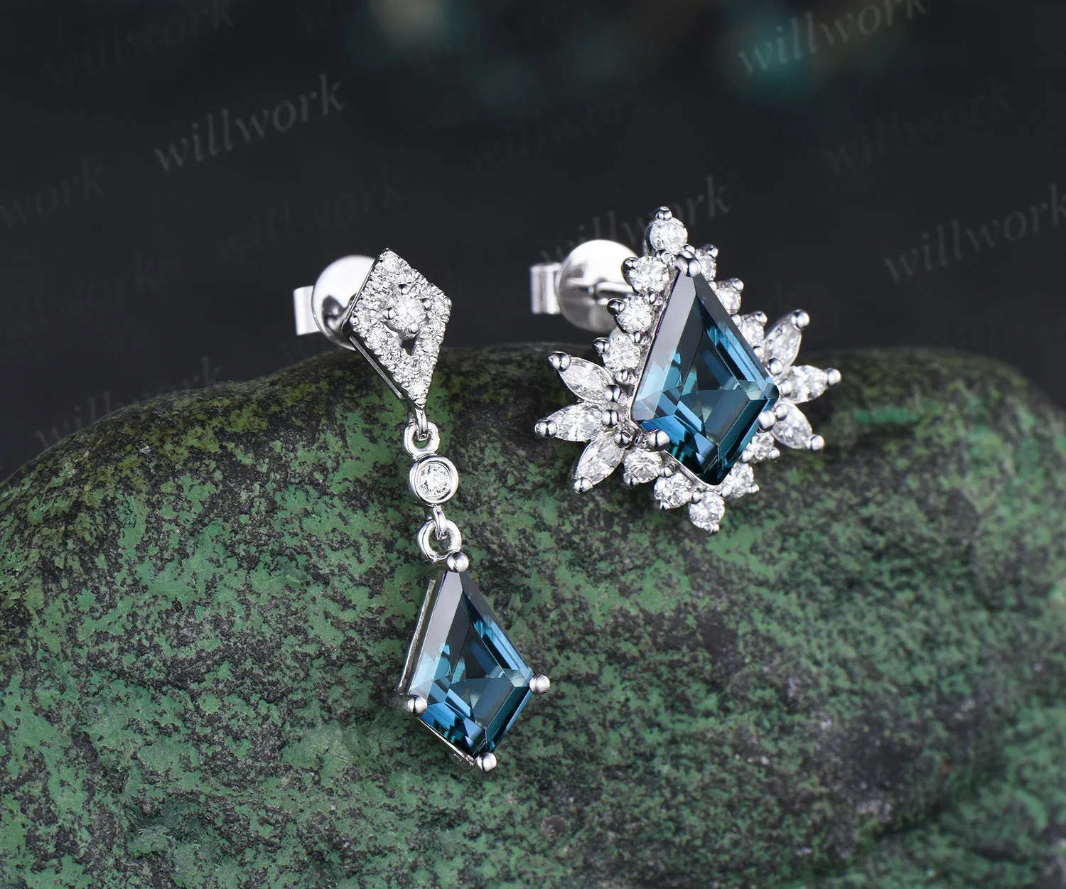 Kite London blue topaz earrings halo blue gemstone drop earrings topaz studs personalized solid white gold piercing jewelry sold by Willwork Jewelry