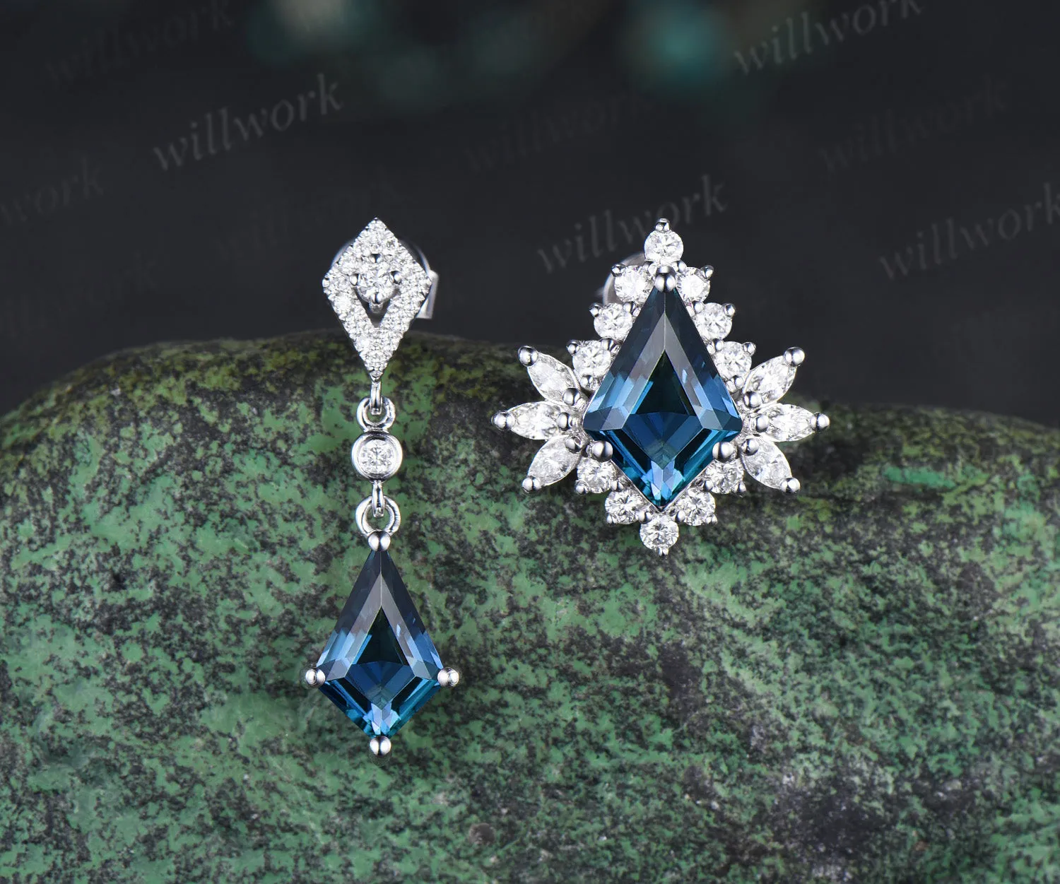 Kite London blue topaz earrings halo blue gemstone drop earrings topaz studs personalized solid white gold piercing jewelry sold by Willwork Jewelry product image thumbnail 3