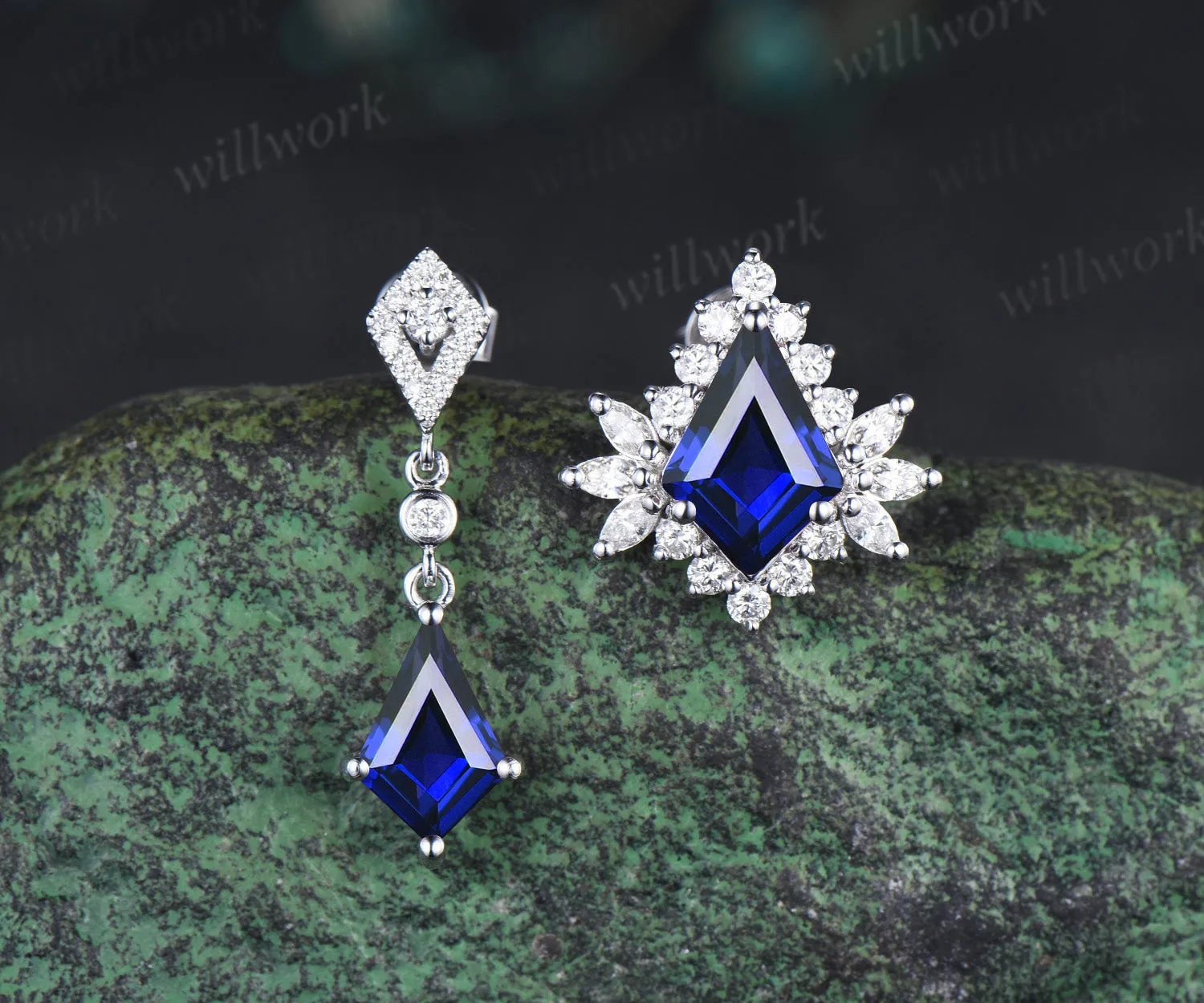 Kite blue sapphire earrings unique halo sapphire moissanite asymmetrical earring stud September birthstone gifts for women sold by Willwork Jewelry product image thumbnail 3