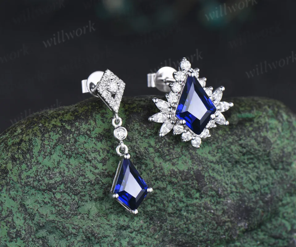 Kite blue sapphire earrings unique halo sapphire moissanite asymmetrical earring stud September birthstone gifts for women sold by Willwork Jewelry