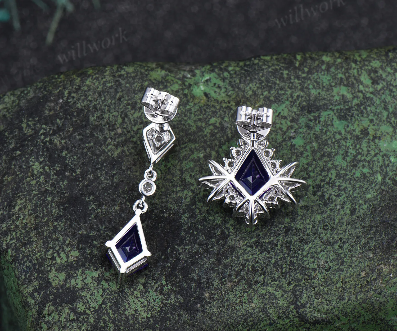 Kite blue sapphire earrings unique halo sapphire moissanite asymmetrical earring stud September birthstone gifts for women sold by Willwork Jewelry product image thumbnail 5