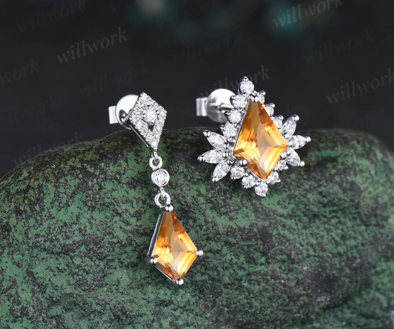 Unique kite citrine moissanite halo earrings yellow gemstone asymmetrical drop earrings studs November bithstone jewelry gifts sold by Willwork Jewelry